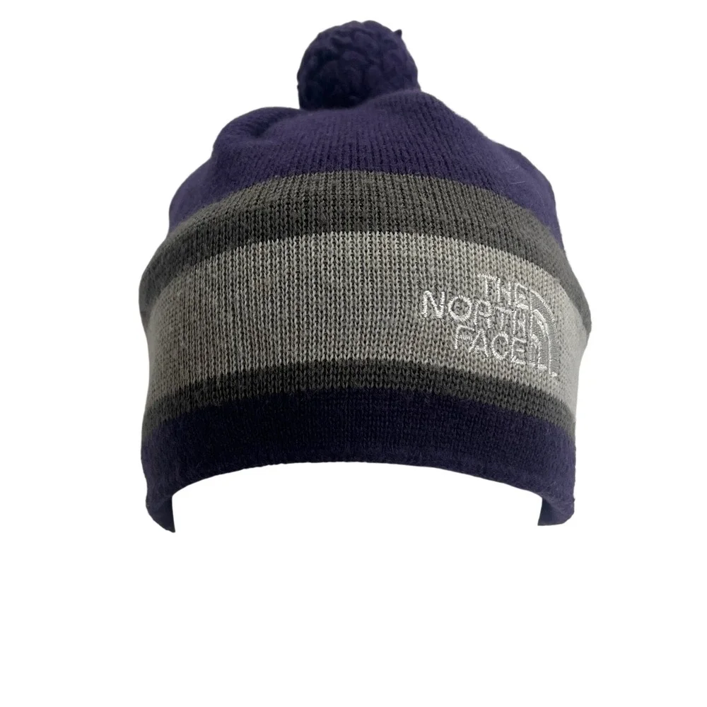 The North Face Purple Gray Striped Wool Pom Pom Beanie Embroidered Logo One Size